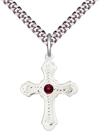 [6036SS6-STN1/24S] Sterling Silver Cross Pendant with a 3mm Garnet Swarovski stone on a 24 inch Light Rhodium Heavy Curb chain