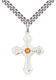 [6036SS6-STN11/24S] Sterling Silver Cross Pendant with a 3mm Topaz Swarovski stone on a 24 inch Light Rhodium Heavy Curb chain