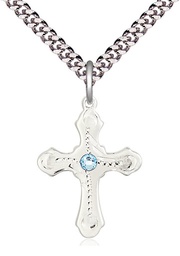 [6036SS6-STN3/24S] Sterling Silver Cross Pendant with a 3mm Aqua Swarovski stone on a 24 inch Light Rhodium Heavy Curb chain