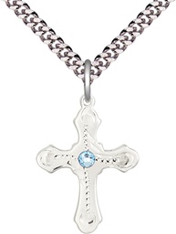 [6036SS6-STN3/24S] Sterling Silver Cross Pendant with a 3mm Aqua Swarovski stone on a 24 inch Light Rhodium Heavy Curb chain