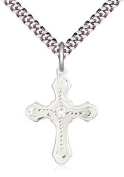 [6036SS6-STN4/24S] Sterling Silver Cross Pendant with a 3mm Crystal Swarovski stone on a 24 inch Light Rhodium Heavy Curb chain