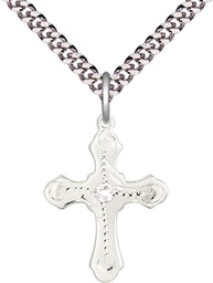 [6036SS6-STN4/24S] Sterling Silver Cross Pendant with a 3mm Crystal Swarovski stone on a 24 inch Light Rhodium Heavy Curb chain