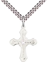 [6036SS6-STN4/24S] Sterling Silver Cross Pendant with a 3mm Crystal Swarovski stone on a 24 inch Light Rhodium Heavy Curb chain