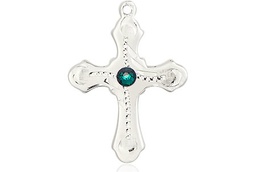 [6036SS6-STN5] Sterling Silver Cross Medal with a 3mm Emerald Swarovski stone