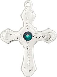 [6036SS6-STN5] Sterling Silver Cross Medal with a 3mm Emerald Swarovski stone