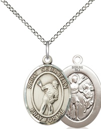 [8616SS/18SS] Sterling Silver Saint Sebastian Lacrosse Pendant on a 18 inch Sterling Silver Light Curb chain