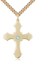 [6037GF1-STN3/24G] 14kt Gold Filled Cross Pendant with a 3mm Aqua Swarovski stone on a 24 inch Gold Plate Heavy Curb chain