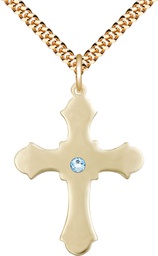 [6037GF1-STN3/24G] 14kt Gold Filled Cross Pendant with a 3mm Aqua Swarovski stone on a 24 inch Gold Plate Heavy Curb chain