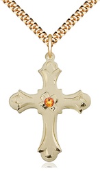 [6037GF2-STN11/24G] 14kt Gold Filled Cross Pendant with a 3mm Topaz Swarovski stone on a 24 inch Gold Plate Heavy Curb chain