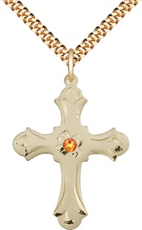 [6037GF2-STN11/24G] 14kt Gold Filled Cross Pendant with a 3mm Topaz Swarovski stone on a 24 inch Gold Plate Heavy Curb chain