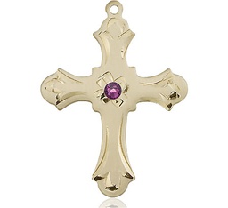 [6037GF2-STN2] 14kt Gold Filled Cross Medal with a 3mm Amethyst Swarovski stone