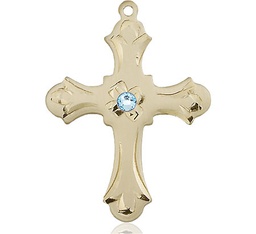 [6037GF2-STN3] 14kt Gold Filled Cross Medal with a 3mm Aqua Swarovski stone