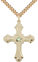 [6037GF2-STN8/24G] 14kt Gold Filled Cross Pendant with a 3mm Peridot Swarovski stone on a 24 inch Gold Plate Heavy Curb chain