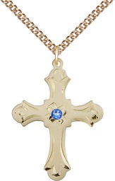 [6037GF2-STN9/24GF] 14kt Gold Filled Cross Pendant with a 3mm Sapphire Swarovski stone on a 24 inch Gold Filled Heavy Curb chain