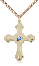 [6037GF2-STN9/24GF] 14kt Gold Filled Cross Pendant with a 3mm Sapphire Swarovski stone on a 24 inch Gold Filled Heavy Curb chain