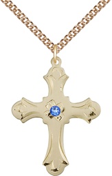 [6037GF2-STN9/24GF] 14kt Gold Filled Cross Pendant with a 3mm Sapphire Swarovski stone on a 24 inch Gold Filled Heavy Curb chain