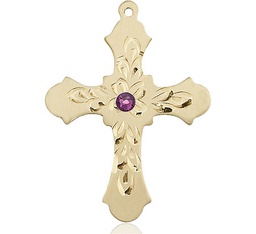 [6037GF3-STN2] 14kt Gold Filled Cross Medal with a 3mm Amethyst Swarovski stone