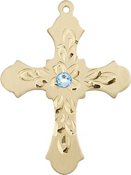 [6037GF3-STN3] 14kt Gold Filled Cross Medal with a 3mm Aqua Swarovski stone