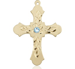 [6037GF3-STN3] 14kt Gold Filled Cross Medal with a 3mm Aqua Swarovski stone