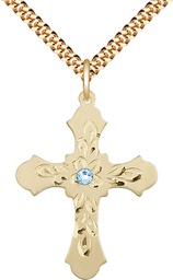 [6037GF3-STN3/24G] 14kt Gold Filled Cross Pendant with a 3mm Aqua Swarovski stone on a 24 inch Gold Plate Heavy Curb chain