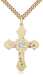 [6037GF3-STN3/24G] 14kt Gold Filled Cross Pendant with a 3mm Aqua Swarovski stone on a 24 inch Gold Plate Heavy Curb chain