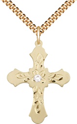 [6037GF3-STN4/24G] 14kt Gold Filled Cross Pendant with a 3mm Crystal Swarovski stone on a 24 inch Gold Plate Heavy Curb chain