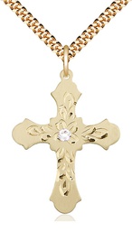 [6037GF3-STN4/24G] 14kt Gold Filled Cross Pendant with a 3mm Crystal Swarovski stone on a 24 inch Gold Plate Heavy Curb chain