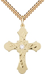 [6037GF3-STN4/24G] 14kt Gold Filled Cross Pendant with a 3mm Crystal Swarovski stone on a 24 inch Gold Plate Heavy Curb chain