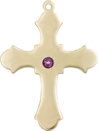 [6037KT1-STN2] 14kt Gold Cross Medal with a 3mm Amethyst Swarovski stone