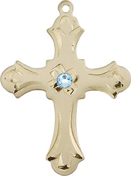 [6037KT2-STN3] 14kt Gold Cross Medal with a 3mm Aqua Swarovski stone