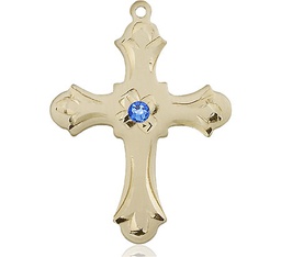 [6037KT2-STN9] 14kt Gold Cross Medal with a 3mm Sapphire Swarovski stone