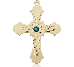 [6037KT3-STN5] 14kt Gold Cross Medal with a 3mm Emerald Swarovski stone