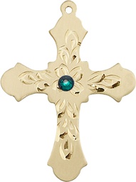 [6037KT3-STN5] 14kt Gold Cross Medal with a 3mm Emerald Swarovski stone