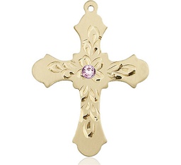 [6037KT3-STN6] 14kt Gold Cross Medal with a 3mm Light Amethyst Swarovski stone