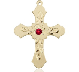 [6037KT3-STN7] 14kt Gold Cross Medal with a 3mm Ruby Swarovski stone