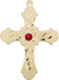 [6037KT3-STN7] 14kt Gold Cross Medal with a 3mm Ruby Swarovski stone