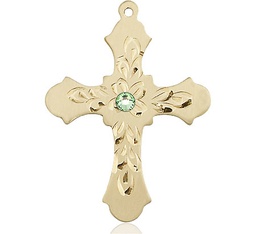 [6037KT3-STN8] 14kt Gold Cross Medal with a 3mm Peridot Swarovski stone