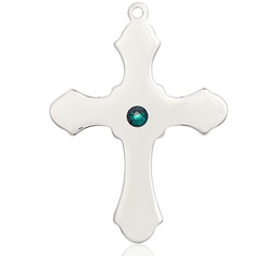 [6037SS1-STN5] Sterling Silver Cross Medal with a 3mm Emerald Swarovski stone