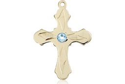 [6036KT5-STN3] 14kt Gold Cross Medal with a 3mm Aqua Swarovski stone