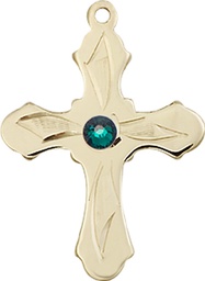 [6036KT5-STN5] 14kt Gold Cross Medal with a 3mm Emerald Swarovski stone