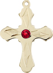 [6036KT5-STN7] 14kt Gold Cross Medal with a 3mm Ruby Swarovski stone