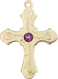 [6036KT6-STN2] 14kt Gold Cross Medal with a 3mm Amethyst Swarovski stone