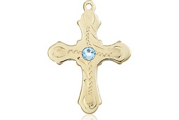 [6036KT6-STN3] 14kt Gold Cross Medal with a 3mm Aqua Swarovski stone