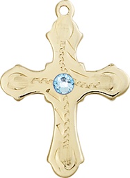 [6036KT6-STN3] 14kt Gold Cross Medal with a 3mm Aqua Swarovski stone