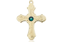 [6036KT6-STN5] 14kt Gold Cross Medal with a 3mm Emerald Swarovski stone