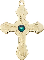 [6036KT6-STN5] 14kt Gold Cross Medal with a 3mm Emerald Swarovski stone