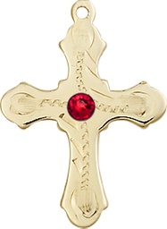 [6036KT6-STN7] 14kt Gold Cross Medal with a 3mm Ruby Swarovski stone