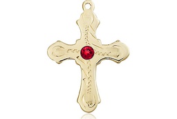 [6036KT6-STN7] 14kt Gold Cross Medal with a 3mm Ruby Swarovski stone