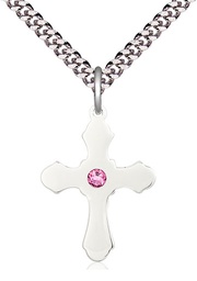 [6036SS1-STN10/24S] Sterling Silver Cross Pendant with a 3mm Rose Swarovski stone on a 24 inch Light Rhodium Heavy Curb chain