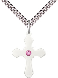 [6036SS1-STN10/24S] Sterling Silver Cross Pendant with a 3mm Rose Swarovski stone on a 24 inch Light Rhodium Heavy Curb chain